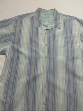 Tommy Bahama Mint Green & Blue Striped Short-Sleeve Button-Up Shirt Silk